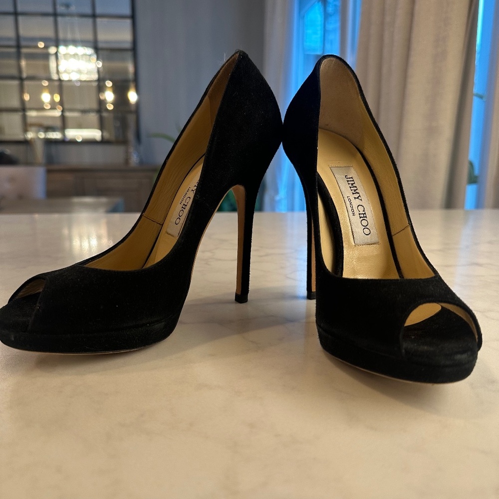 Jimmy Choo Ultra Heel  Peep Toe Platform Suede Heels